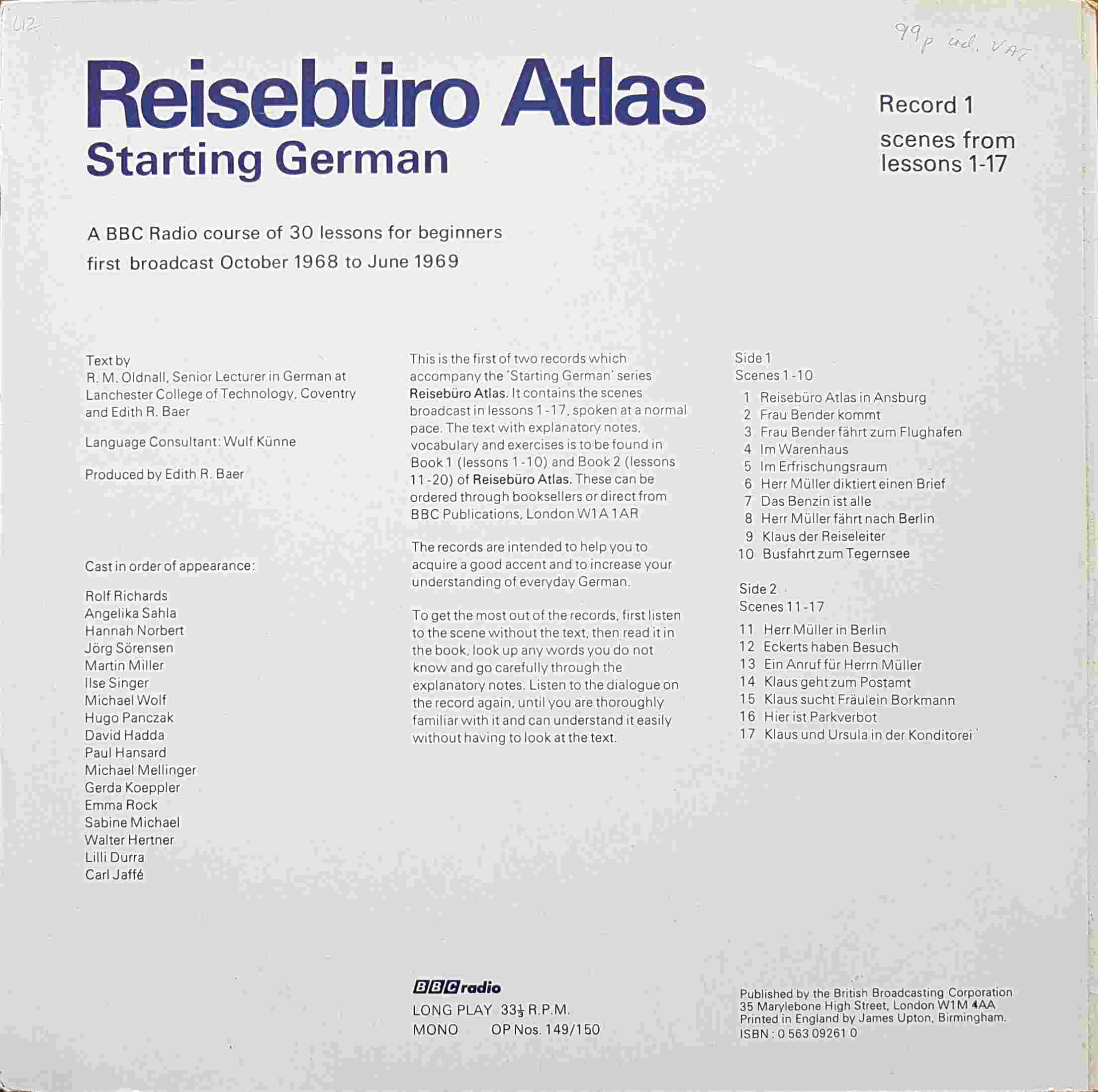 Picture of OP 149/150 Reiseburo Atlas - Starting German - A BBC Radio course of 30 lessons for beginners - Record 1 - Lessons 1 - 17 by artist R. M. Oldnall / Wulf Kunne from the BBC records and Tapes library